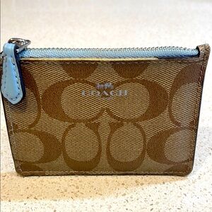 Coach Tan Signature Canvas & Light Blue Leather Wallet EUC